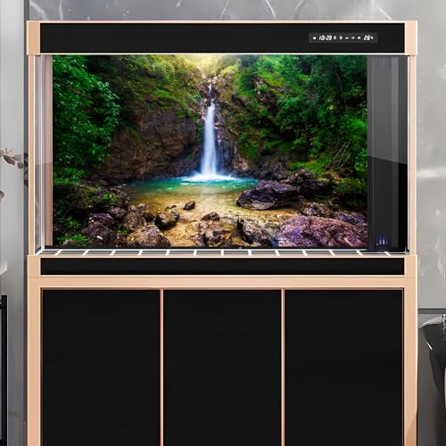 Image of Waterfall Aquarium Background Deep Forest Natural Landscape Terrarium Background Falls Green Jungle Plants Huge Rocks Fish Tank Background Waterfall Rock Reptile Habitat Background Vinyl 30x12in