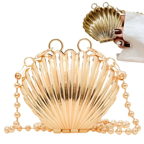 Seashell Purse for Women Elegant Sparkling Mini Chain Strap Crossbody Bag Clasp Closure Metal Evening Bag for Date, Cocktail Party, Wedding Gift, (Golden) Seashell Purse3
