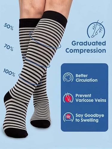 Image of 3 Pairs Compression Socks for Women 15-20 mmHg, Circulation Support for Nurses Pregnancy Running Hiking, Varicose Veins, Travel Flight