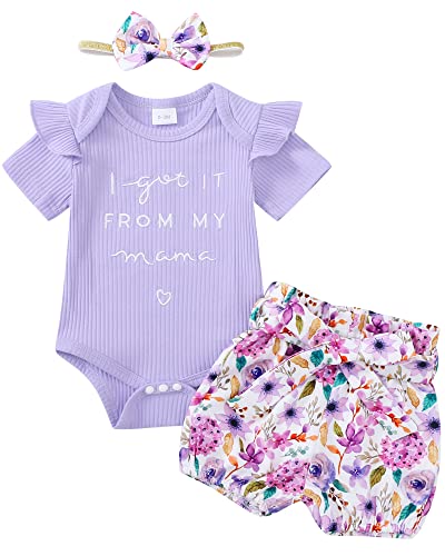 Image of veikimous 0-3 Months Newborn Baby Girl Clothes Infant Girl Stuff Romper Shorts Pants Sets Baby Girls' Clothing Baby Girl Outfits 3 Months for Gifts Purple