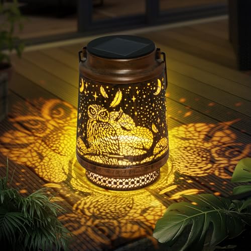 Qoosea Lampe de Hibou Solaire Gardin Extérieur Metal Suspension LED Lampe Imperméable Chouette Lanternes Décoratives Évidées à Énergie Solaire avec LED pour...