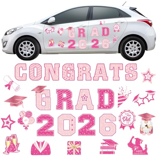 Image of Landhoow 30 Pcs Graduation Car Magnets 2026 Senior Graduation Car Decoration Bumper Sticker Congrats Grad Magnet Magnetic Refrigerator Decal for Grad Parade Party Supplies(Pink, Hot Pink)