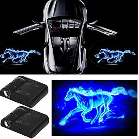 2Pcs 3D Blue Horse Car Door Step LED Welcome Logo Shadow Ghost Light Projector Lamp, No Drill Car Door Courtesy Lights Fits All Car Models Cover