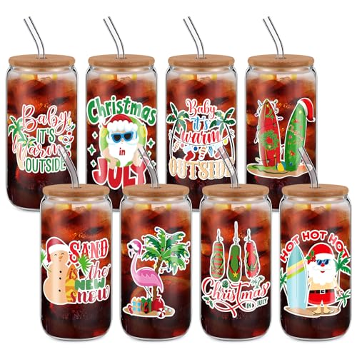 Sliner 8 Pcs 18oz Christmas in July Mason Jar Cups Summer Christmas Gift Mug with Lid and Straw Yulefest Tumbler Glasses Coffee Cups Jar Water Glassware Home Yuletide Decorations Gift for Women Men