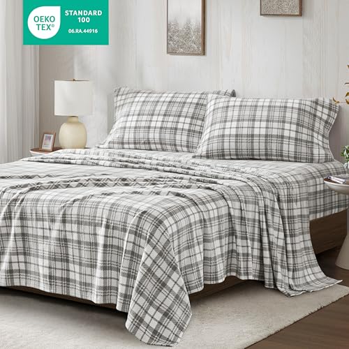 Image of True North by Sleep Philosophy Micro Fleece Bed Sheet Set, Warm, Sheets with 14 inch Deep Pocket, for Cold Season Cozy Sheet-Set, Matching Pillow Case, Twin, Grey Plaid, 3 Piece