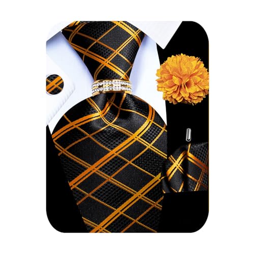 Image of 5PCS Mens Premium Silk Tie, Pocket Square, Cufflinks, Drilled Tie Ring and Lapel Pin Set for Wedding Groom Party