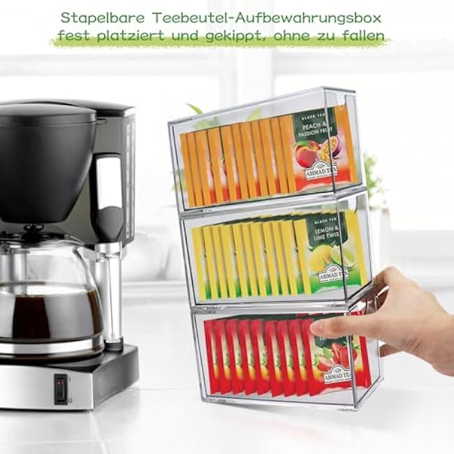 4 Pack Acrylic Tea Bag Organizer Drawers, Stackable Plastic Tea Packet Organizers for Kitchen Pantry Cabinet, 3 x 6.5 x 3.9 Tea Bag Organizer for Counter