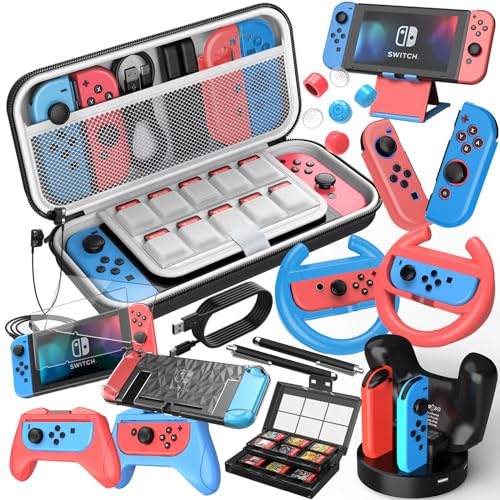 Mooroer Accesorios para Nintendo Switch,27 EN 1 Navidad Funda pour Switch Kits,Nintendo Switch Estuche con Joycon Volante Grip,Joycon Switch Base de Carga,Joycon Carcasa,Soporte para Juegos- Rojo&Azul