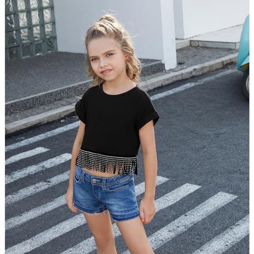 Perfashion Girl's Fringe Hem Short Sleeve Crop Tops Round Neck T Shirt Solid Tee for 4-13 Years2