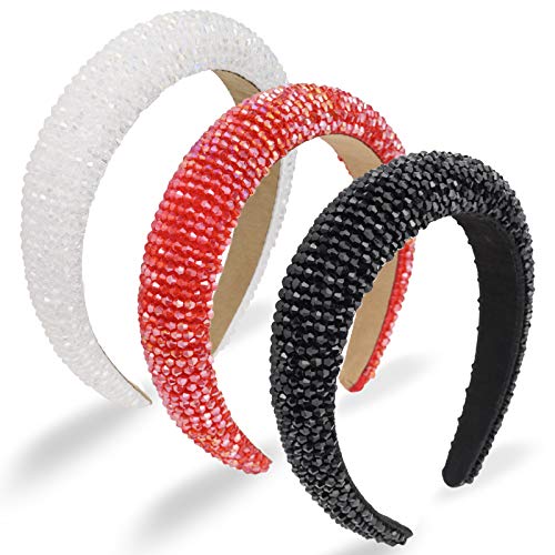 3 Piece Rhinestone Headbands Crystal Diamond Padded Wide Headband Headwear Glitter Crystal Embellished Hairbands Hair Accessories for Women Girls Party Wedding (Black, White, Red)