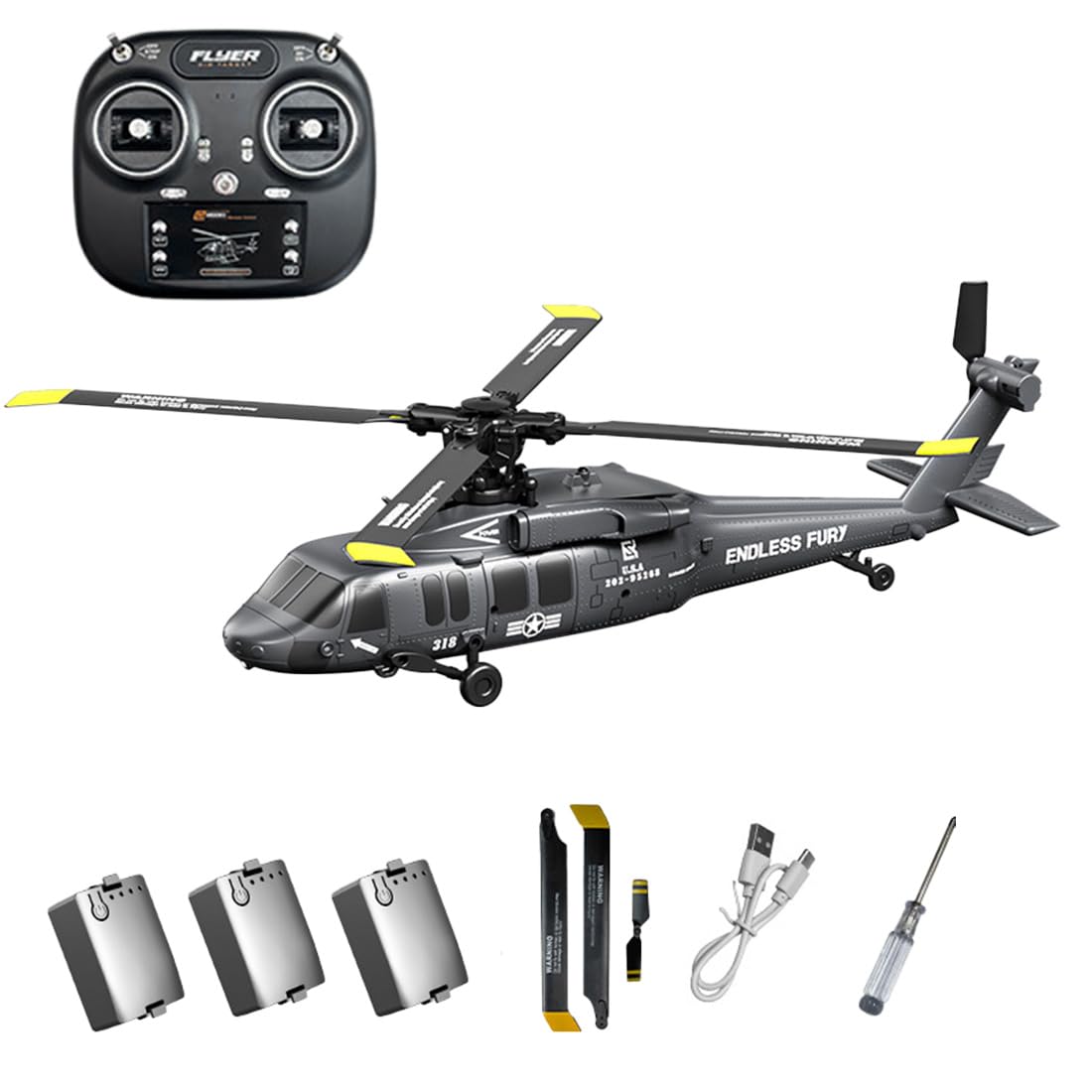 K200 Black Hawk RC Helicopter, 6CH Brushless Remote Control Helicopter Model with Altitude Hold, Optical Flow & Inverted Flight, 6-Axis Gyro Simulation Military Aircraft for Adults (3 Battery/Grey)