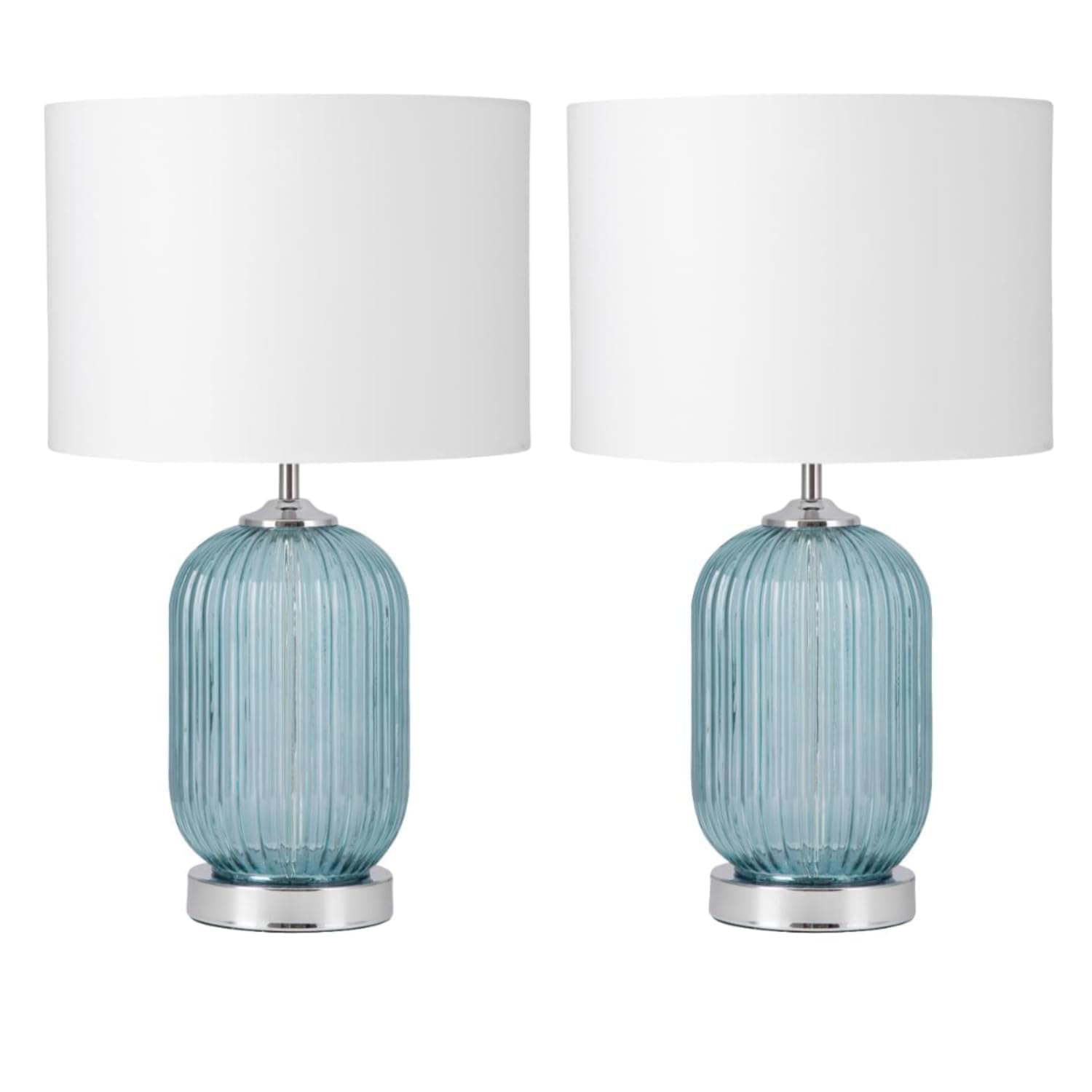 firstchoicelighting Pair of Modern Deco Design Lamps Turquoise Ribbed Glass Table or Bedside Lights White Fabric Shades 47cm Height LED Compatible