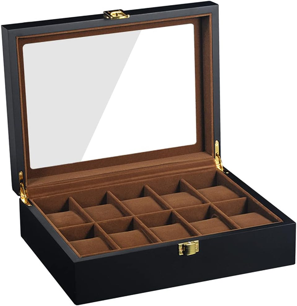 Watch Storage Box Case Men: 10 Slot Wooden Jewelry Mens Women Watches Organizer Display Boxes Holder with Lock - Leather Luxury Cases for Multiple Large Small Personalized Male Wrist Watch | Black