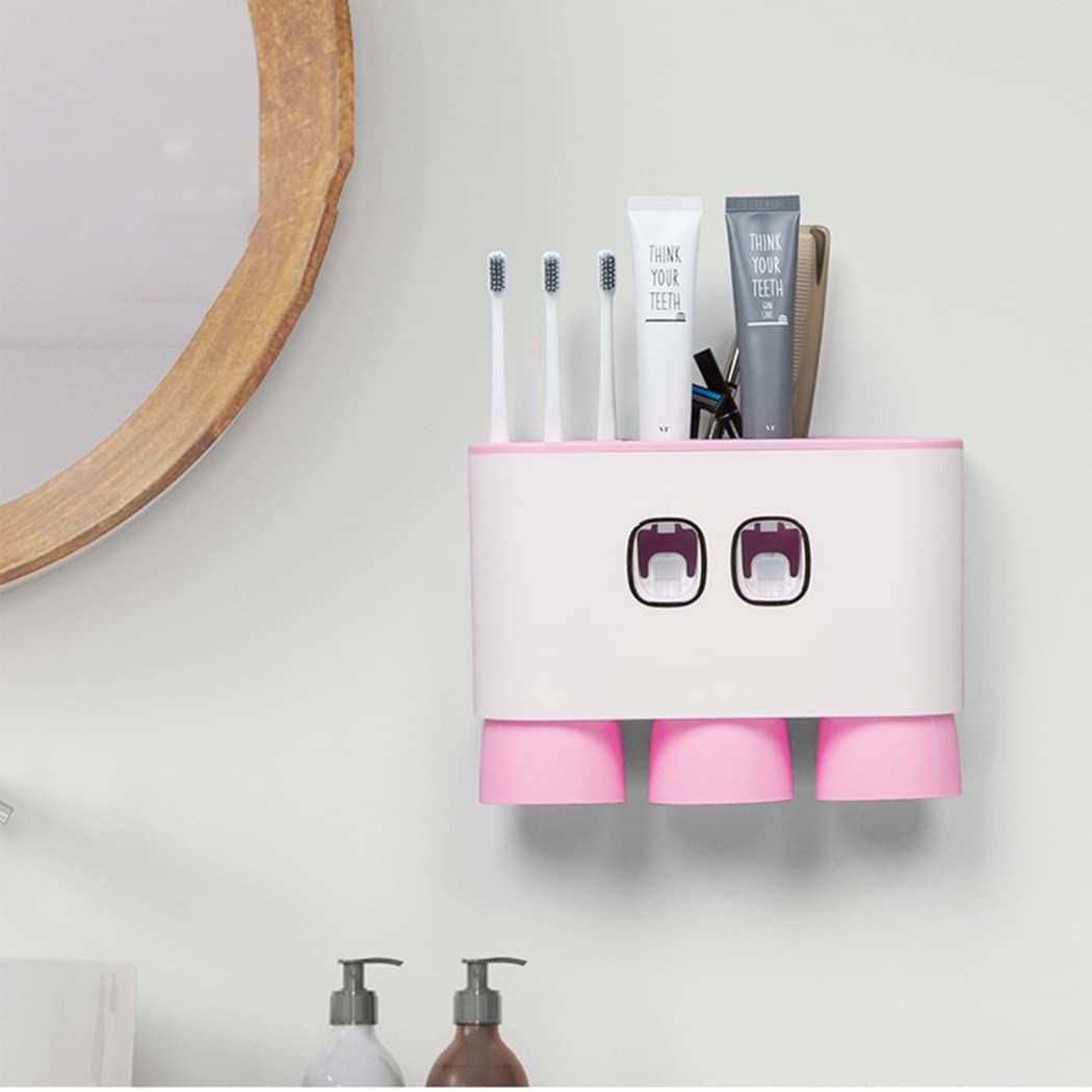WRIST Zahnbürstenhalter, Wandmontierter ABS-Multifunktions-Zahnpastaspender Für Badezimmer Mit 3 Zahnbürstenfächern, 2 Zahnpastapressen Und 3 Bechern,Rosa