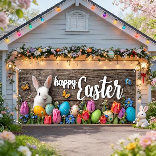 Image of Easter Garage Door Cover 157.48 x 70.87 Inch White Bunny Colorful Eggs Rustic Wood Background Spring Flowers Vibrant Outdoor Garage Decor Easter Celebration Family Gathering Seasonal Yard Display