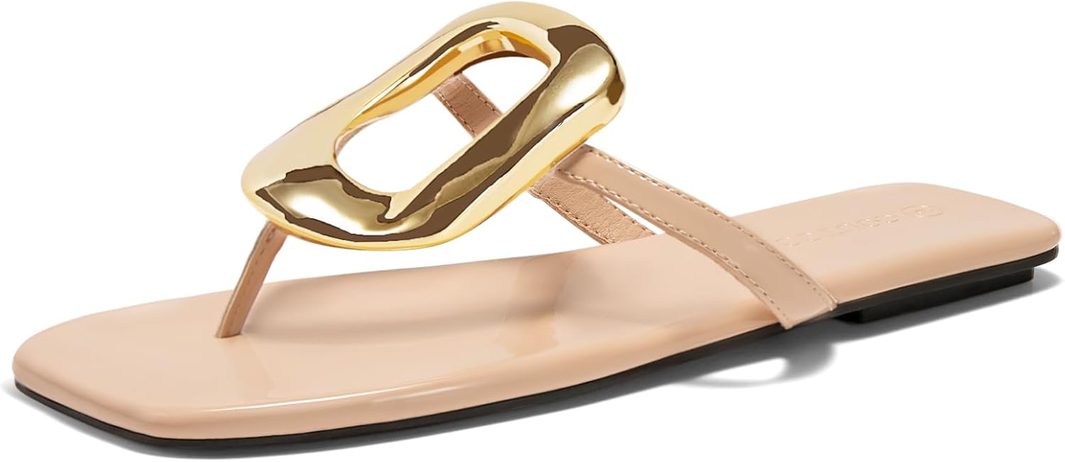 Coutgo Womens Flat Sandals Flip Flops Comfortable Slide Sandals Summer Beach Shoes with Metal Decoration