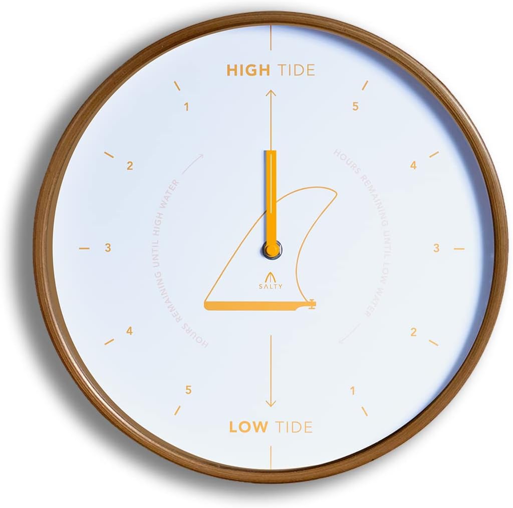 SALTY Home - Tide Clock - Coastal Decor - 12.2Inch Wall Clock - Premium Wood Dial - Silent Clock Movement - Quartz Mechanism - Battery Operated - Single Fin White