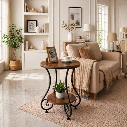 Image of CARTADEN 2 Tier End Table in Living Room, Industrial Style Round Bedside Table with Storage, Small Outdoor Coffee Table for Bedroom Balcony Patio Black Brown