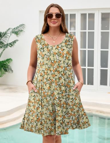 Image of JollieLovin Women Plus Size Curvy Summer Tank Sun Dresses Sleeveless Causal T-Shirt Dress Beach Swing Cover up(L-5X)