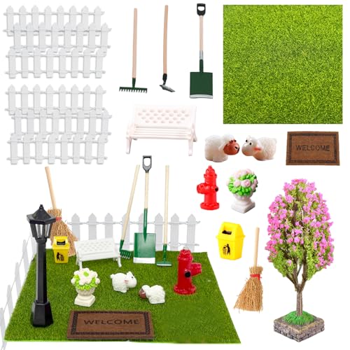 21 Stück Miniatur Garten Zubehör Wichtel Zubehör Puppenhaus Zubehör Mit Gras Stühle Werkzeug Zaun Mülltonne Hydrant Blumenbeet Kreppmyrte Besen Teppich Schafe Wichtel Garten Set