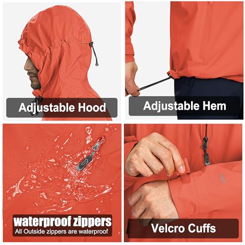 33,000ft Regenjacke Herren Wasserdicht Outdoorjacke Leichte Freizeitjacke Packbare Windjacke Fahrrad Regenmantel mit Kapuze Rot M