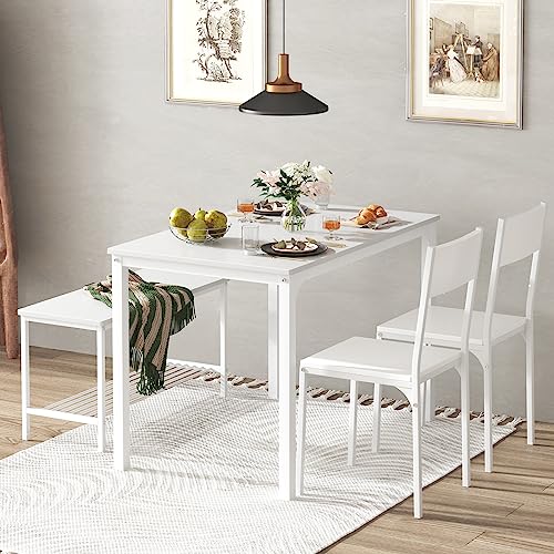 soges 4 Pieces Dining Table Set, 43.3 inch Kitchen Table Set for 4, Dining Set with 2 Chairs and Bench with Storage Rack, Nesting Furniture Set for Dining Room, Kitchen, Restaurant, White - Thumbnail 3