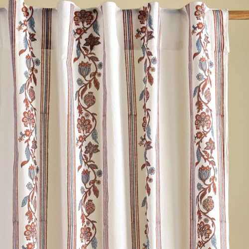 Image of Peepul Tree Handprinted Sheer Cotton Door Curtains in Striped Offwhite, Navy & Maroon | 7 Feet | Pack of 2 | Mulmul /Voile Fabric | Back Loop Curtains | 30-40% Light Filtering | Breathable Drapes