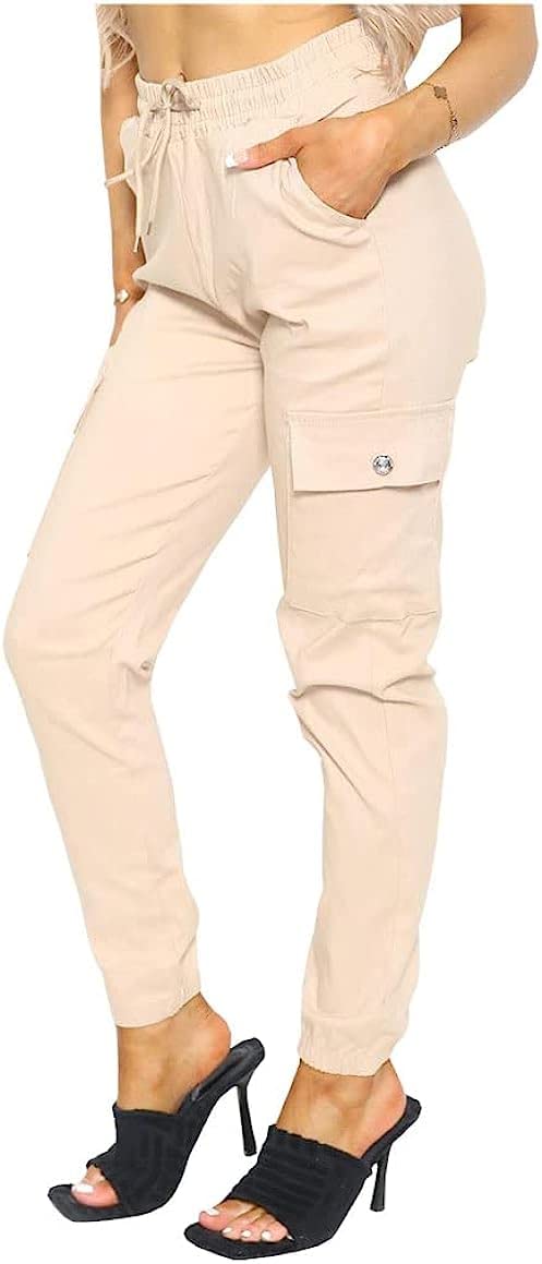 Womens Full Length Elastic Waist Cargo Trousers Ladies Drawstring 2 Pocket Pants