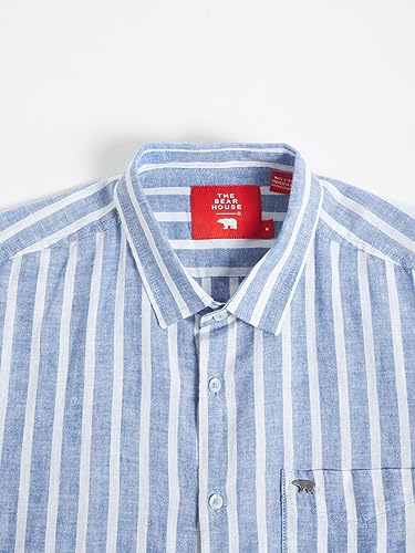 Image of THE BEAR HOUSE Men Blue Vertical Striped Slim Fit Cotton Linen Casual Shirt|TBH-IDI-BL