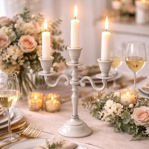 Image of Aluminum 3-Arm 8inch Ivory Candelabra for Dining Table | Vintage Candle Stand for Romantic Dinner, Home & Wedding Decor