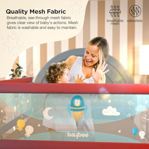Image of BAYBEE Baby Bed Rails Guard Kids Safety (150x63 cm) | Portable Bed Rail Falling Protector Fence with 7 Adjustable Heights | Foldable BedRail for Newborn Boys Girls (Pack-2, Red)