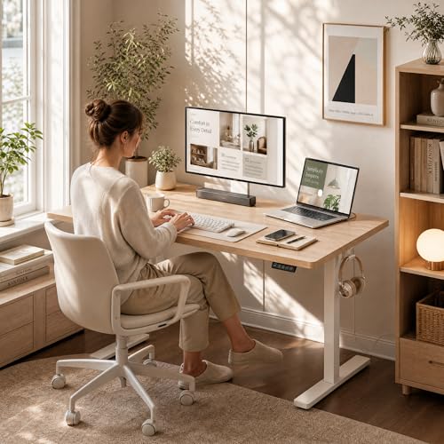 Image of Grandder 47x32 Large Electric Standing Desk, Height Adjustable Computer Desk with 2 Memory Presets, 31.5 inch Deep Desktop Sit Stand Desk Home Office Desk Workstation Table with Hooks, Maple