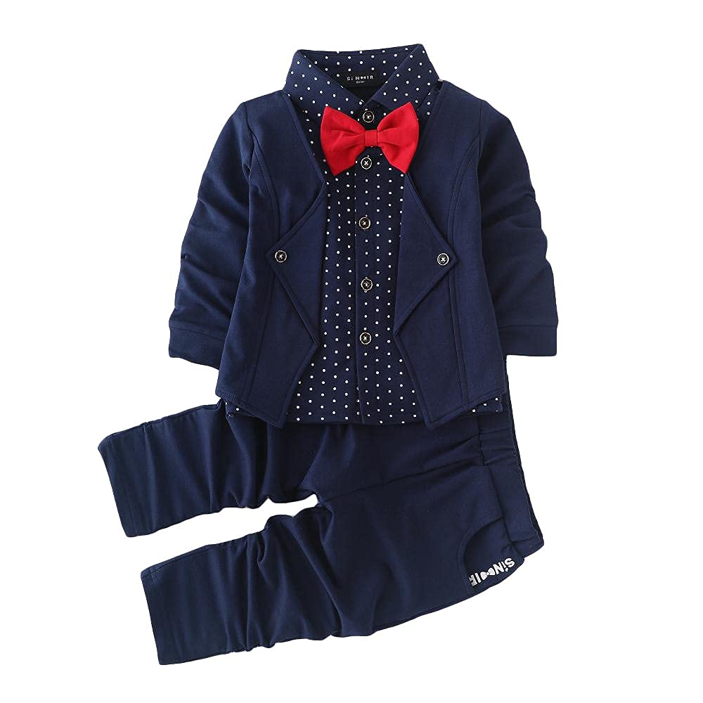 ROYALICARushifab Boys Cotton Blazer Style Formal Shirt and Pant Set with Bow in Navy Colour