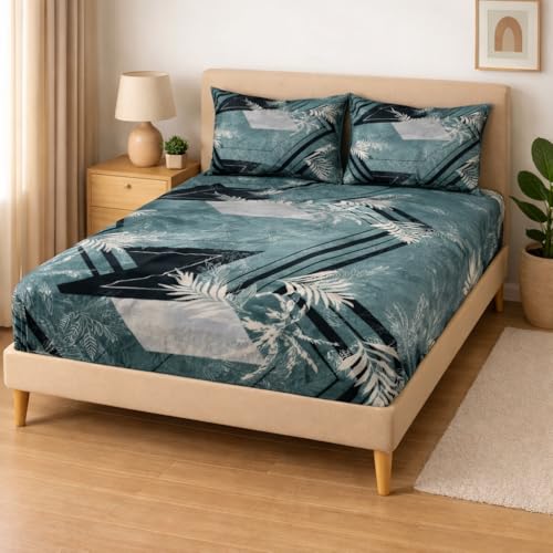 Image of Rome Warm Flannel Fitted Bedsheet with 2 Pillow Covers - 155 GSM Soft Bedsheet Set with Elastic Deep Pocket 90x100+10 Inches for Double Bed, AC Room & All Season Comfort -Greyish Blue