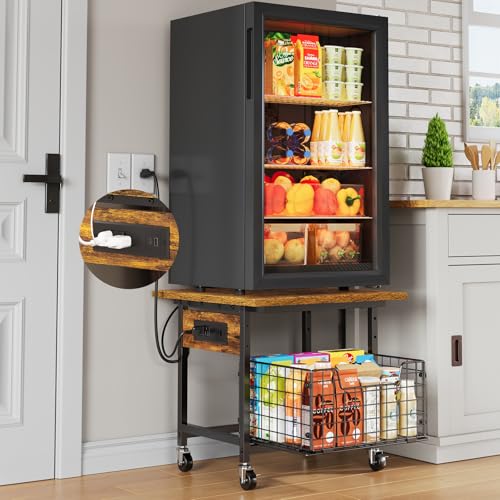 Image of Mini Fridge Stand with Storage and Power Outlet, Small Refrigerator Stand with Wheels, Mini Fridge Cart-Max Load 300 LBS Heavy Microwave Printer Stand Utility Cart for Dorm,Kitchen, Office