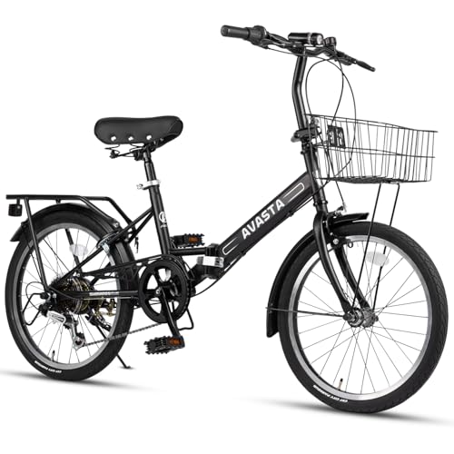 AVASTA 20 Inch Folding Bike for Men Male and Women Female with 7-Speed, Dual C-Brake, Fender, Rear Rack and Bicycle Basket, Black