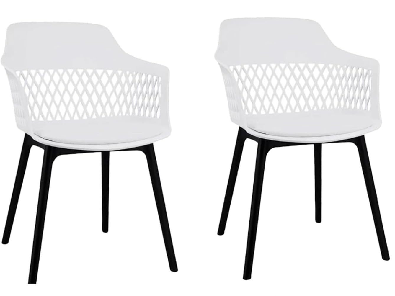 Set of 2 Chairs with Arms, Stain Resistant Plastic Shell with Faux Leather Cushion Seat Decorative Grooves for Air Circulation for Outdoor Indoor use (White Set of 2)