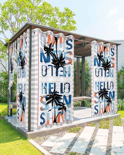 Waterproof Outdoor Curtains for Patio Porch, Beach Palm Trees Silhouette Grommet Curtain Panel Windproof Outside Curtains Tieback, Ombre Hello Summer Quote Weighted Window Treatment Drapes