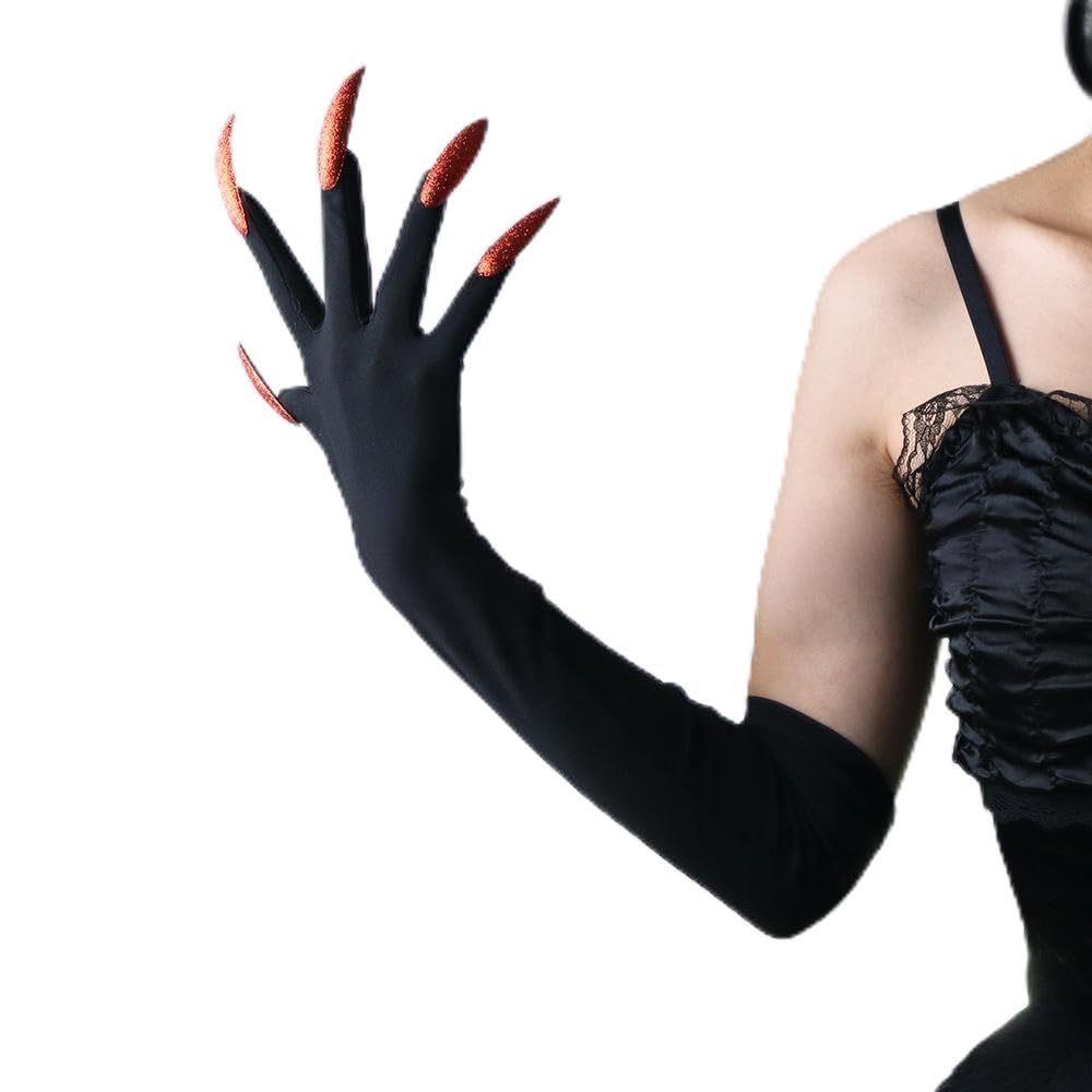Black Gloves with Long Nails Adult Woman Halloween Handwear Witch Devil Ghost Cosplay Gloves Stretchy Breathabwomenle Elbow Length Mittens Fancy Dress Up Party Cosplay Carnival (Black+Red Nails)