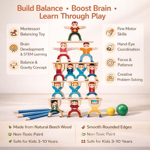Image of Wooden Human Balancing Toy | 16 PCS | Montessori Stacking Blocks, Balance Tower Game, Brain Development & Fine Motor Skills Indoor Educational Gift Set for Kids 3-5 Years