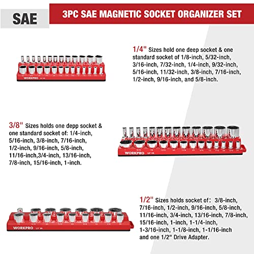 Image of WORKPRO Magnetic Socket Organizer Set, 3-Piece Sockets Holder Set Includes 1 /4 inch, 3 /8 inch and 1 /2 inch Drive SAE Socket Trays, Holds 68 Pieces Standard Size and Deep Size Sockets(Socket not Included)