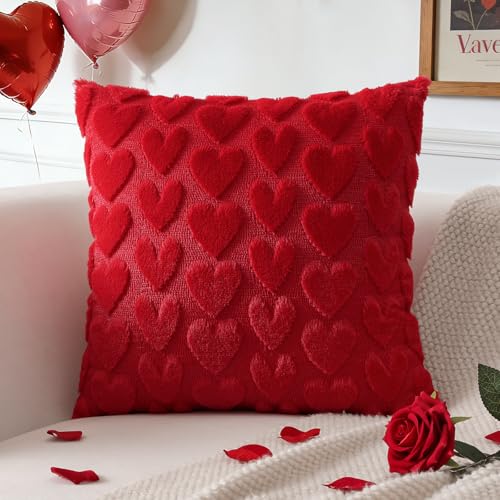 JOTOM 1 funda de almohada con forma de corazón, felpa corta y lana, decorativa, para el día de San Valentín, amor romántico, para salón, dormitorio (50 x 50 cm, rojo)
