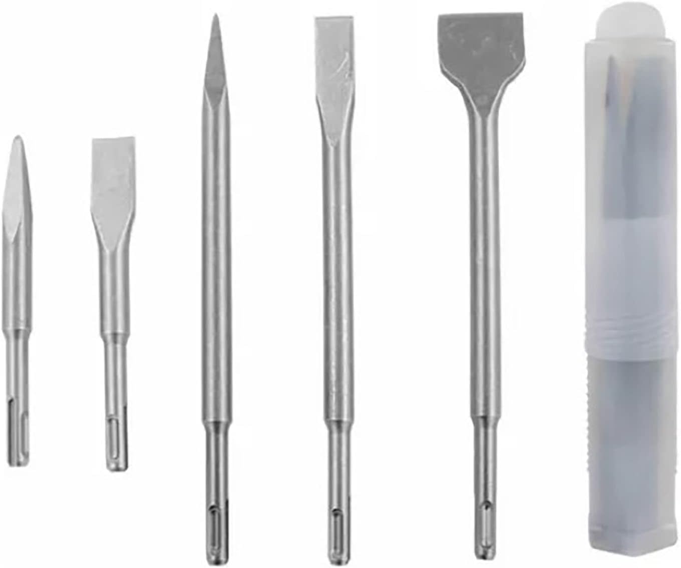 5 PCS 26 × 4.5 cm Rotate Hammer Chisel Set, Round Shank 40Cr Steel Electric Hammer Chisel Bits with Point Flat Head, Concrete Chisel Set for Stone, Demolition Work