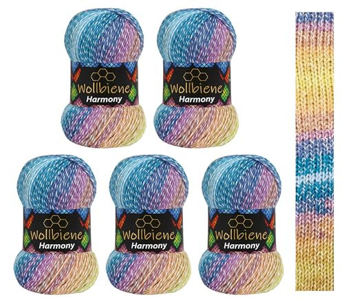 Wollbiene Harmony Batik 8070-5 ovillos de 100 g con degradado de color, 30% algodón, multicolor, para todo el año, 500 g, multicolor