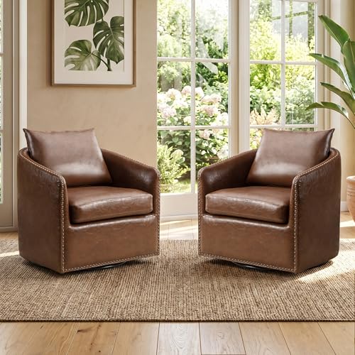 HAOMARKETS 360 Degree Swivel Accent Chair Set of Two with Plump Back Pillow Waterproof Oil Waxed PU Leather Swivel Armchair with Rivets Comfy Vintage Round Barrel Chair for Living Room