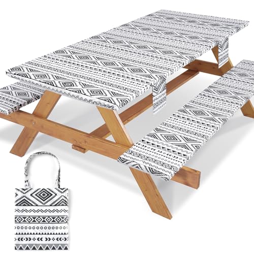 Picnic Table Cover with Bench Covers Non Slip Waterproof Vinyl Tablecloth for 6 Foot Rectangle Tables Family Gardening Needs Camping Rv Roadtrip Items for Tent Camper Useful Gift for Woman Man