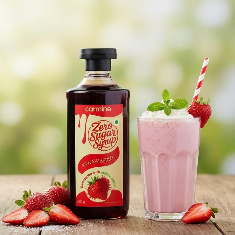 Image of Carmine Zero Sugar Strawberry Syrup - 330g | New & Improved Recipe | Sweetened with Pure Monk Fruit | Natural, Plant-Based Sweetener | No Added Sugar or Artificial Ingredients