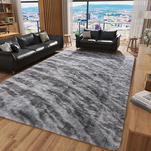 HOMORE Living Room Rug 6x9 Grey Rugs for Bedroom, Tie-dye Area Rug Large Fluffy Rugs for Kids Room, Non Slip Furry Carpet for Nursery Boys Girls