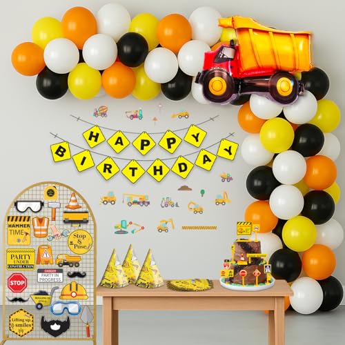 Image of Party Propz Construction Theme Birthday Decoration Kit for Boys-127 Pcs,Happy Birthday Decoration Kit with Balloons for Decorations, Banner, Caps, Cake Topper, Photobooth Props & Truck Foil Balloon