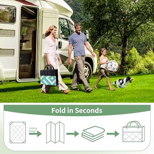 Image of GENIMO Outdoor Rug, Waterproof Plastic Rugs for Patio, 6'x9' Lakegreen | Outside Larger Modern Carpet Mat for Porch Decor, Deck, Balcony, Camping, RV, Backyard, Picnic, Beach, Reversible, Foldable
